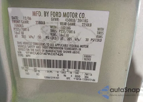 2007 Ford Escape Xlt/Xlt Sport from USA, damaged, VIN 1FMCU03147KC07426